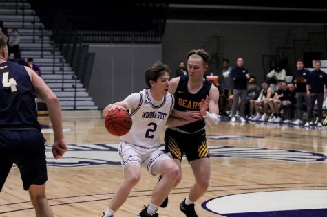 First-year War- rior, Connor Dillon, during a game against Concordia University - St. Paul on Feb. 17, 2022. The Warriors won 89-67. Dillon played last year as well, however, that playtime does not count towards eligibility. He was second on the team in shooting with a 56.1% from the field and 48.4% deep. Dillon averaged 13.4 minutes per game in the 11 games he appeared in last school year.