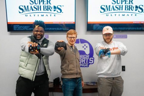 Pictured from left to right: Loic-Andre Boyogueno (Fourth-year student, club vice president), Timothy Petersen (Fourth-year student, president) and Nick Austad (2021 Alumni, previous club president). Students who want to join or participate in the WSU Super Smash Bros. Club can meet in the Warrior Esports Lounge located in the Student Activity Center of Kryzsko Hall.