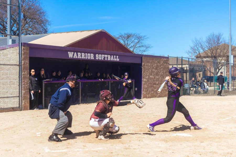 Pictured: second-year Warrior Carly Engelhardt at bat against University of Minnesota-Crookston Golden Eagles. In game one, the Warriors swept 8-0. Fourth-year Warrior Liz Pautz took the circle and received strong support from her hitters as well. Second-year Abbie Hlas and third-year Libby Neveau both threw homers in the first inning, scoring second-years Teaghen Amwoza, Engelhardt and fourth- year Warrior Marissa Mullen, scoring on the two hits for a 6-0 lead at the end of the first inning. Overall, Winona State had eight runs with ten hits and no errors. Leading the way was Neveau with five RBI.