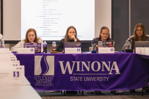 Winona State’s Student Senate leadership pictured at Tuesday, April 5’s meeting. Pictured left to right: Vice President Malorie Olson, President Kaitlyn Mercier, Treasurer Kaileigh Weber and Communi- cations Director Tiegue Elliott.