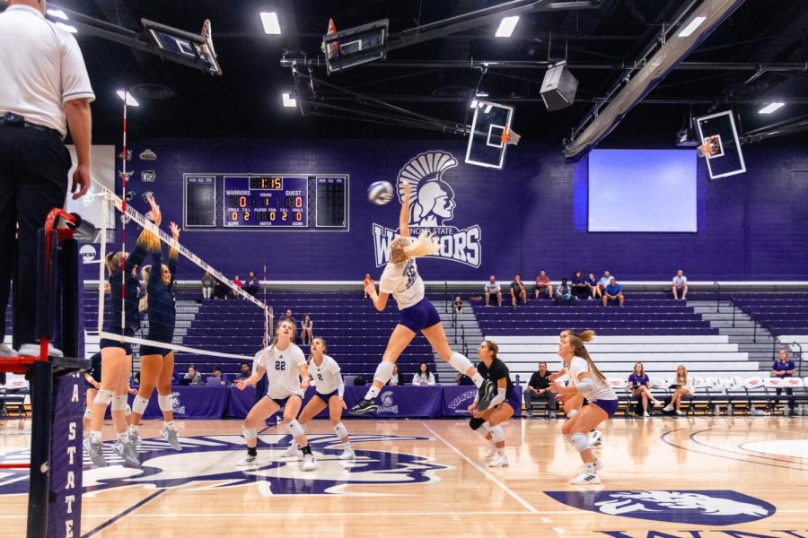Fourth-year Madison Larson mid-spike. The Winona State University Volleyball team returned home for their first games in front of the McCown crowd this season against Augustana on Friday and Wayne State on Saturday. 