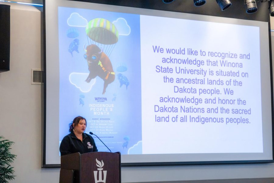 Regan Kluver came to speak at Winona State University on Oct. 10 for Indigenous People’s Month. Kluver reflected on her time as a student at WSU and presented on her experience as someone who is Indigenous.