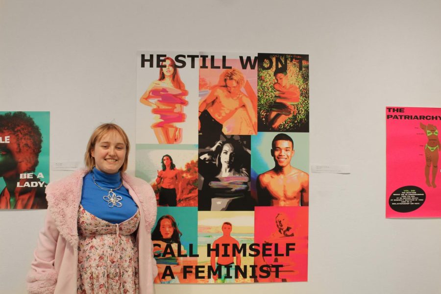 From Oct. 16 to Oct. 22, Weber Art Gallery hosted Sophie Sailers “And He Still Won’t Call Himself a Feminist” on the second floor of Watkins Hall. All of Sailer’s pieces cover a variety of topics, but all contribute to an overall discussion about society. Sailer pictured with “The Duality of Boobs”.