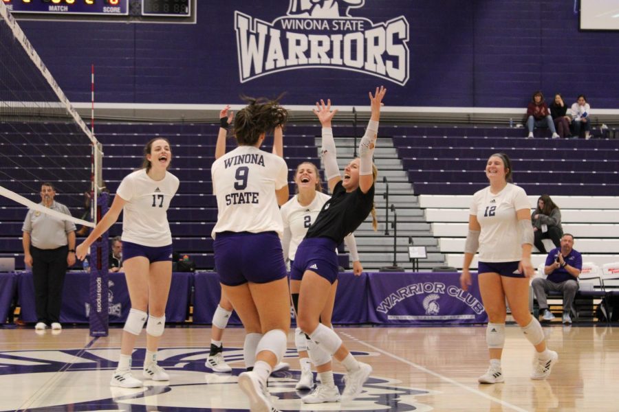 The Womens Volleyball team defeated Northern State University on Oct. 1 which marked coach Joe Getzins 350th win.