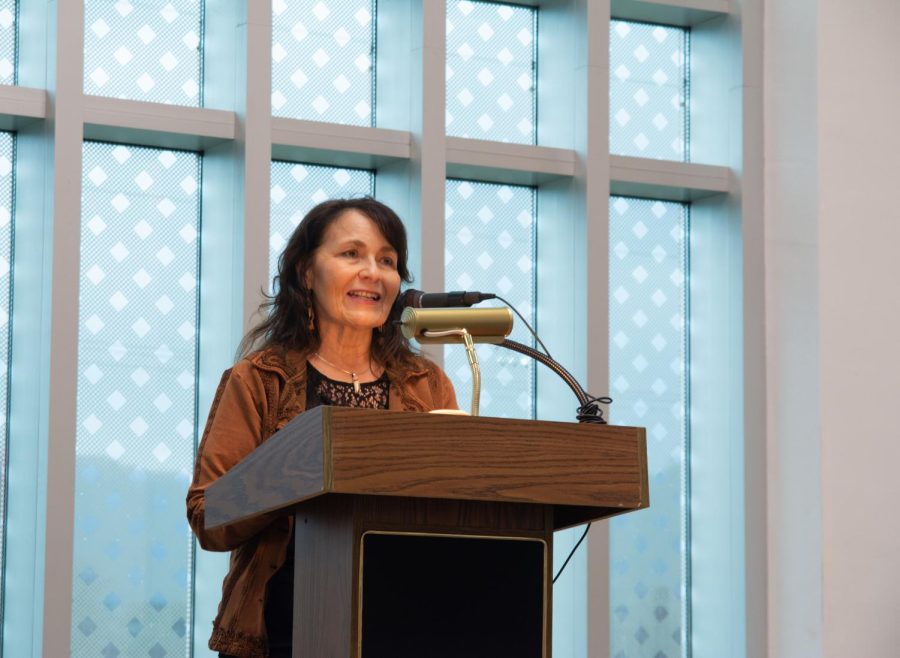 Dr. Kimberly Blaeser, an Anishinaabe poet, read a selection of poems from her book, “Copper Yearning”, at Krueger Library on Nov. 10. The sound of rain hit the windows and created a lush atmosphere as she presented.