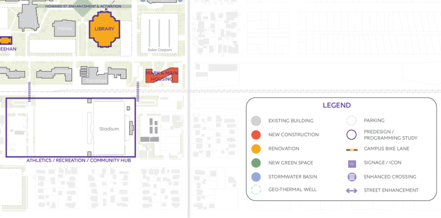 The proposed plan for the new residence hall, Mark and Main. The current properties were recently purchased by Winona State University on the corner of Mark Street and Main Street. 