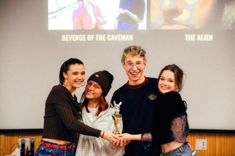 Winona State students posing with their award for Best Picture at the 2023 annual “48-Hour Video Dash” with thier film, “Good Mournin’”. Pictured from left to right: Isaac Tepolt, Jayden Tummel, Lilly Rowland and Julia Moran.
