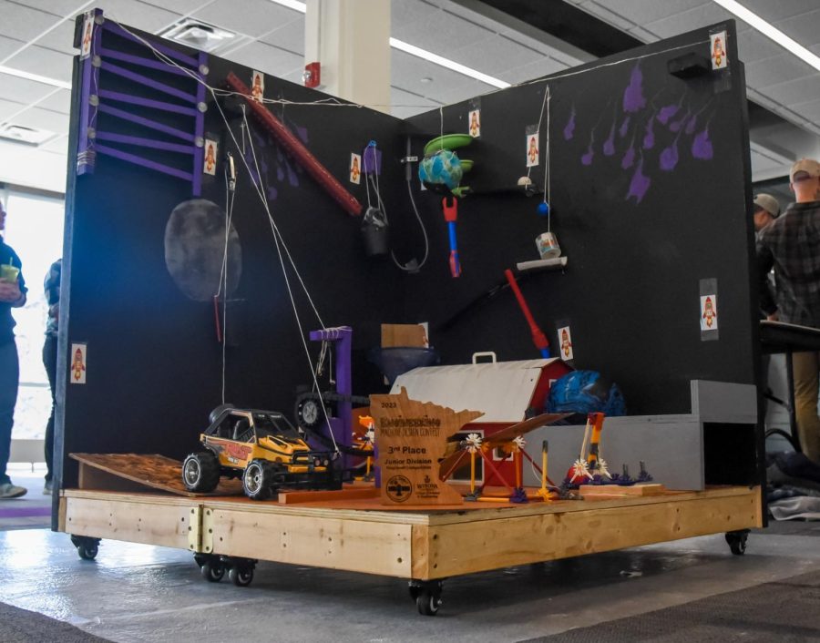 On Friday, March 17, Winona State hosted the Engineering Machine Design Contest in the Baldwin Lounge of Kryzsko Commons. The  Contest’s goal is to help kids develop the hands-on skills that it takes to be in engineering. Pictured above is the machine that took third place.