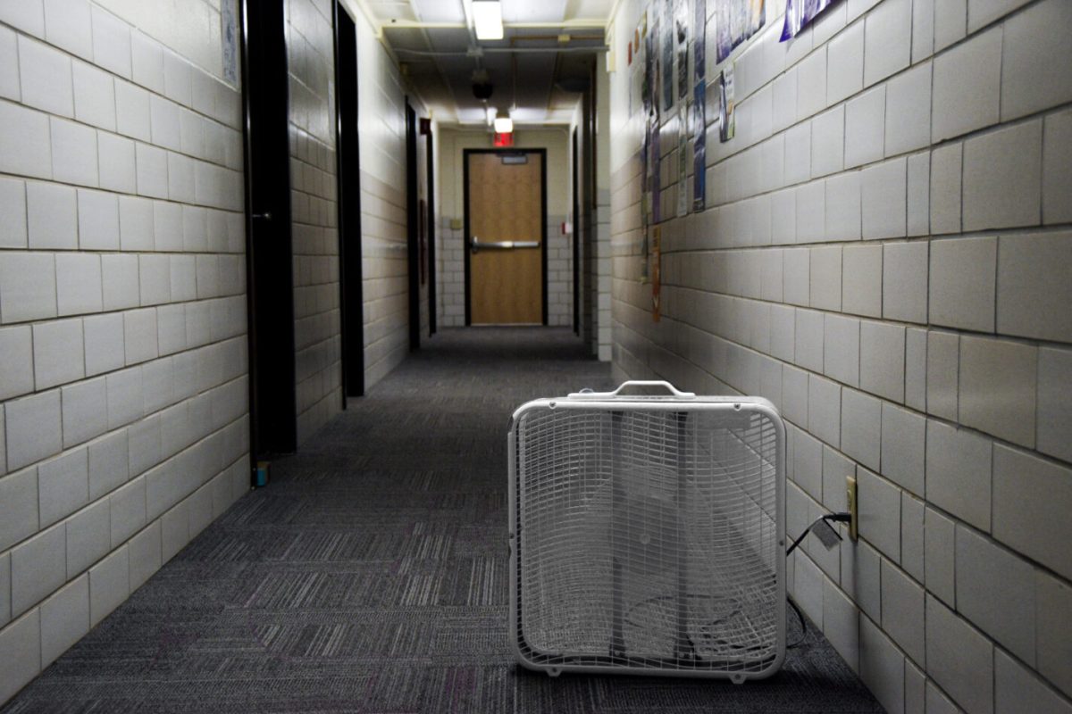 A fan on the third floor of Conway. The heat was so much that each traditional residence hall had fans on each floor. 