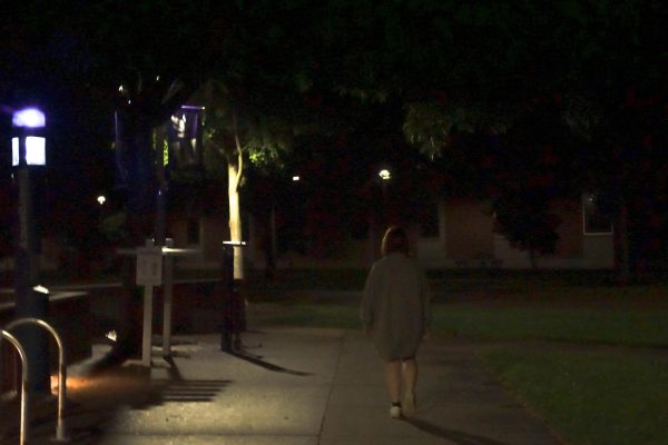 Student walking through campus at night on September 9th, 2023. Most cases through title IX take a year to get processed.  