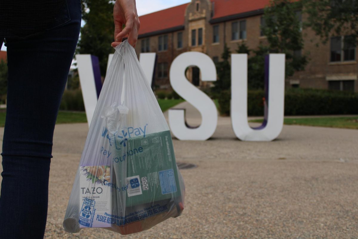 A women holding a bag of groceries in front of the WSU sign by Phelps Hall. “With rising cost of food,
some students are finding it hard to obtain the necessary sustenance they need.”