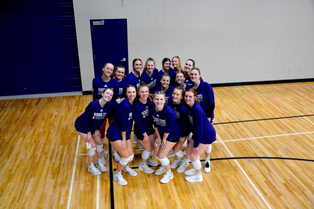 Winona State University’s Women’s Volleyball Team poses for a
team picture.