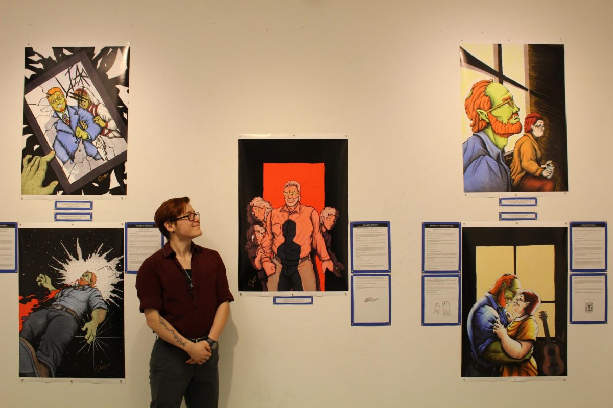 Junior student Draconian Rubin Onyx presented his three-set illustration series titled “Three Tales from Broken Men” through a
reception in Weber Gallery on Nov. 10. Over $1,000 was raised for
The Father Project through Family Service Rochester.
