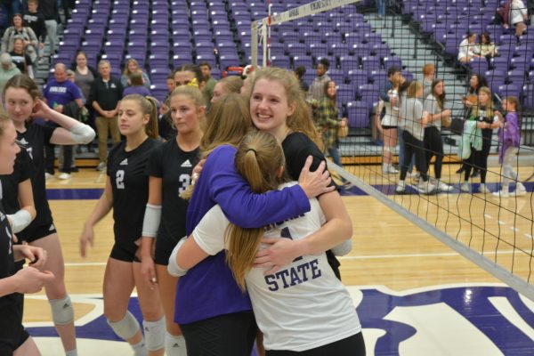 Volleyball match between Winona State vs Northern State University on Nov. 4, 2023, at McCown Gymnasium, Winona MN moments after winning the game. The Warriors were trying to secure the home games. 
