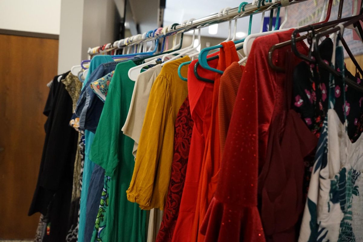 Dresses displayed in the lobby of the Performing Arts Center.