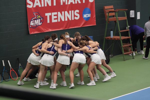 The Winona State women’s tennis team at the Northern Sun Intercollegiate Conference (NSIC) on Feb. 9 against St. Cloud State University.