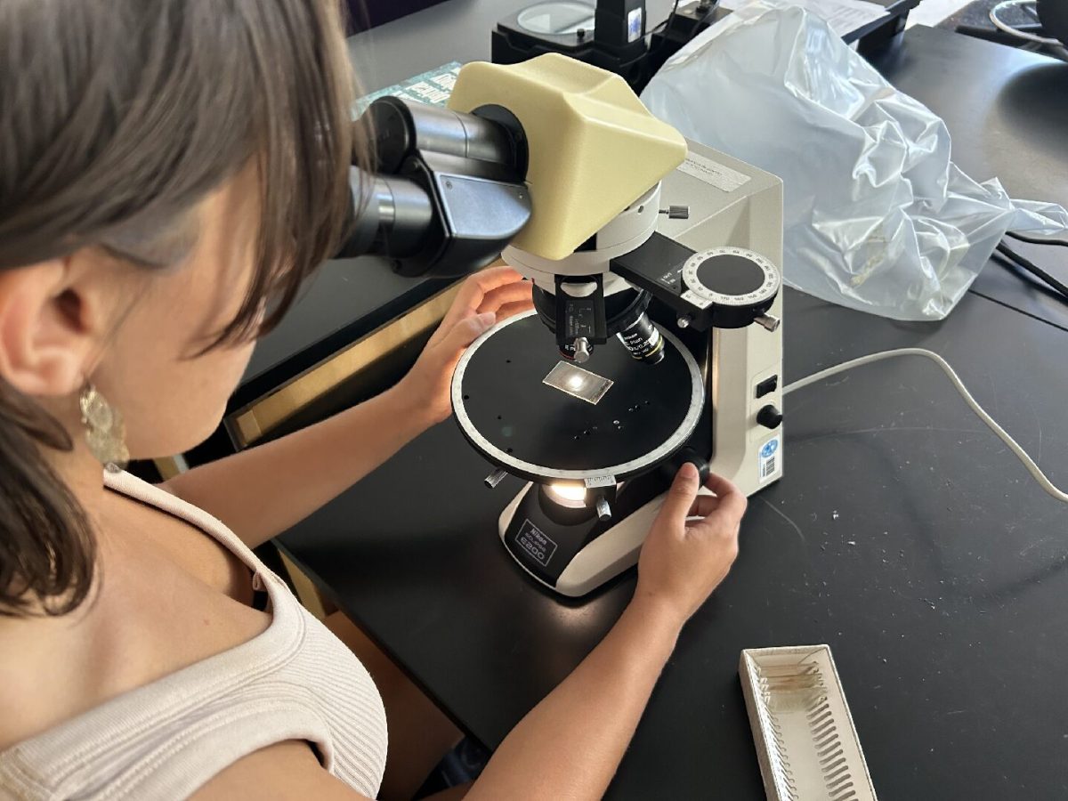 Sophia Theiss,  a third-year Geoscience: Environmental Major, looks into a microscope at mineral slides in the Science Laboratory Center.  