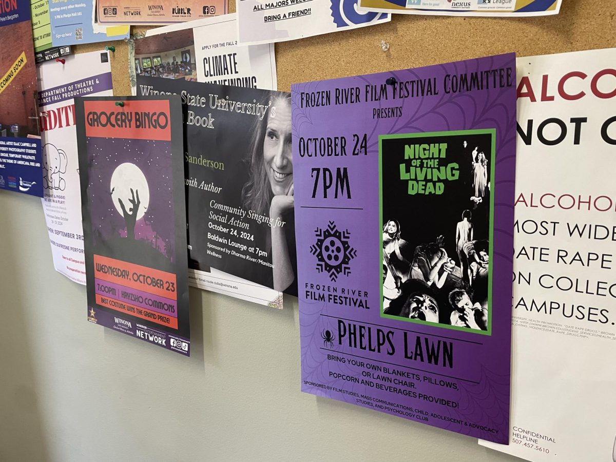 Among other posters on a bulletin board in Phelps hall sits its promotion for Night of the Living Dead screening presented by the Frozen River Film Festival.