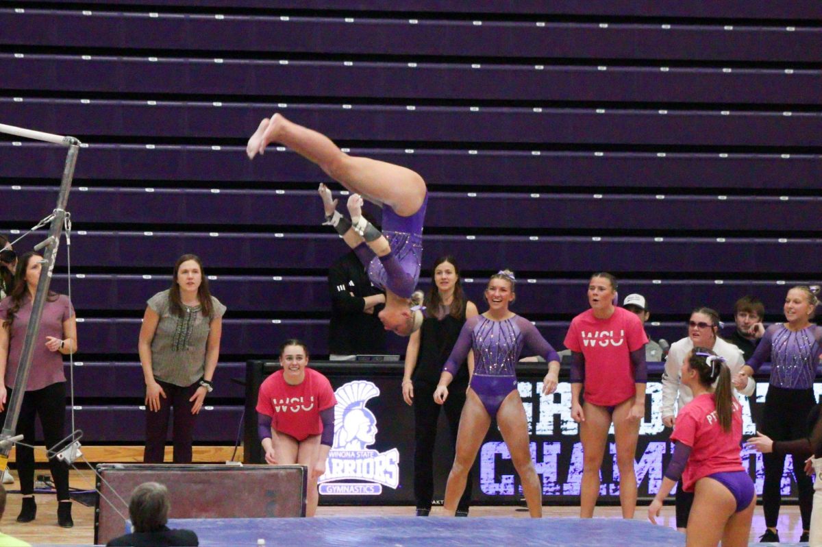 Warrior gymnastics goes above and beyond against UW-Stout on parent’s night. 